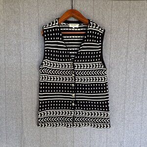 90s Vintage Sage Creek Black w/ White Tribal Print Cotton Long Line Vest Size M
